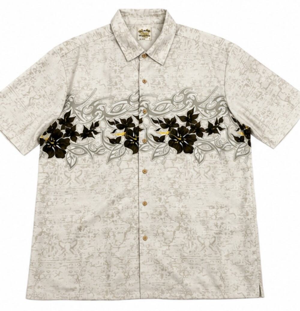 Vintage Island Tropics Hawaiian Aloha Camp Shirt Men’s XL Beige Floral